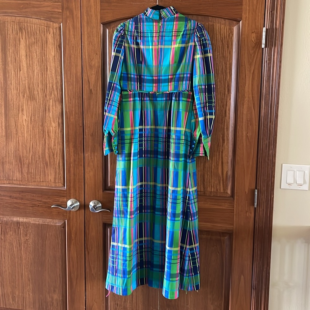 Vintage Plaid 1970’s Mod High Collar Puff Sleeve Long Dress Size Small - Picture 2 of 14